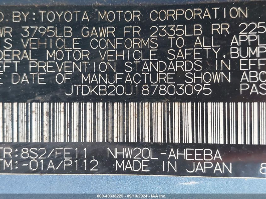 2008 Toyota Prius VIN: JTDKB20U187803095 Lot: 40338225