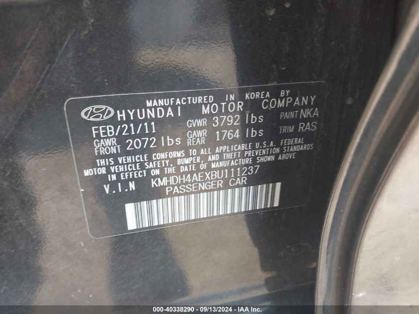 2011 Hyundai Elantra Limited (Ulsan Plant) VIN: KMHDH4AEXBU111237 Lot: 40338290