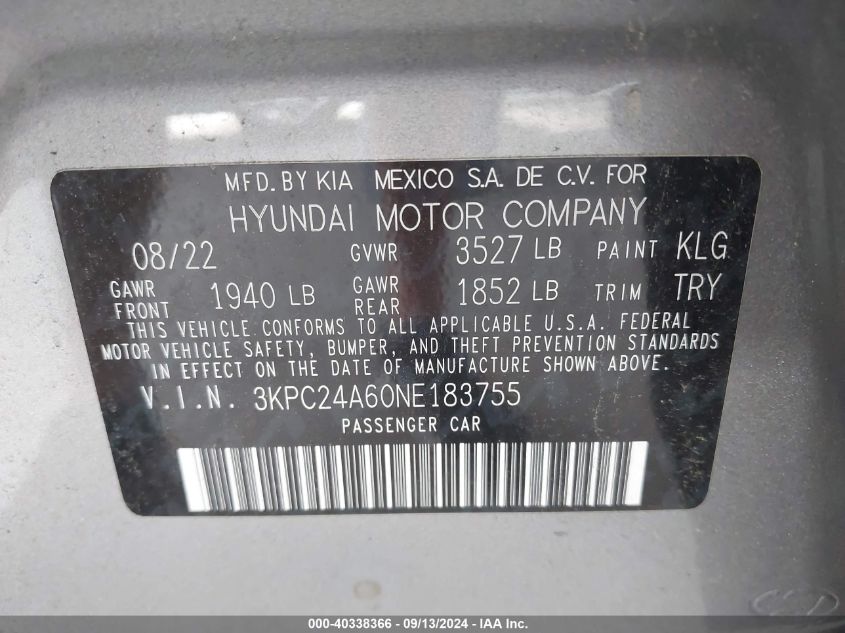 2022 Hyundai Accent Se/Sel VIN: 3KPC24A60NE183755 Lot: 40338366