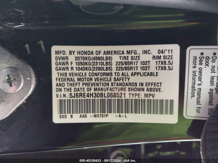 2011 Honda Cr-V Lx VIN: 5J6RE4H30BL068521 Lot: 40338433