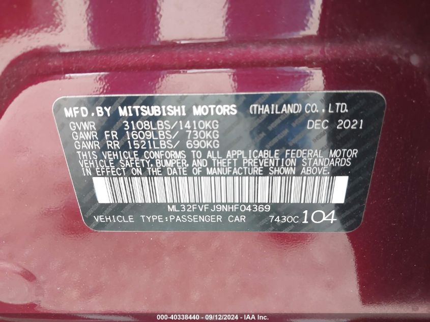 ML32FVFJ9NHF04369 2022 Mitsubishi Mirage G4 Se