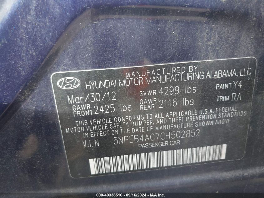 5NPEB4AC7CH502852 2012 Hyundai Sonata Gls