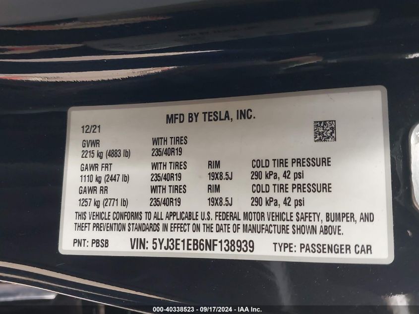 2022 Tesla Model 3 Long Range Dual Motor All-Wheel Drive VIN: 5YJ3E1EB6NF138939 Lot: 40338523