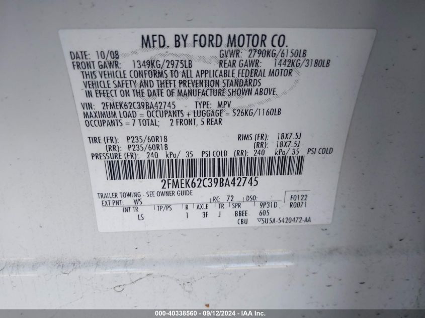 2009 Ford Flex Sel VIN: 2FMEK62C39BA42745 Lot: 40338560