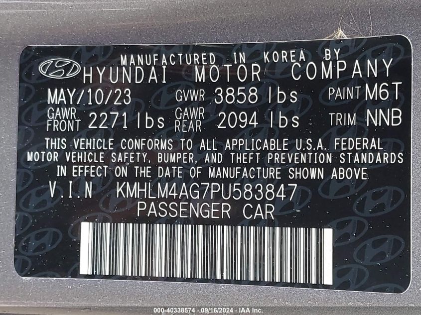 2023 Hyundai Elantra Sel VIN: KMHLM4AG7PU583847 Lot: 40338574