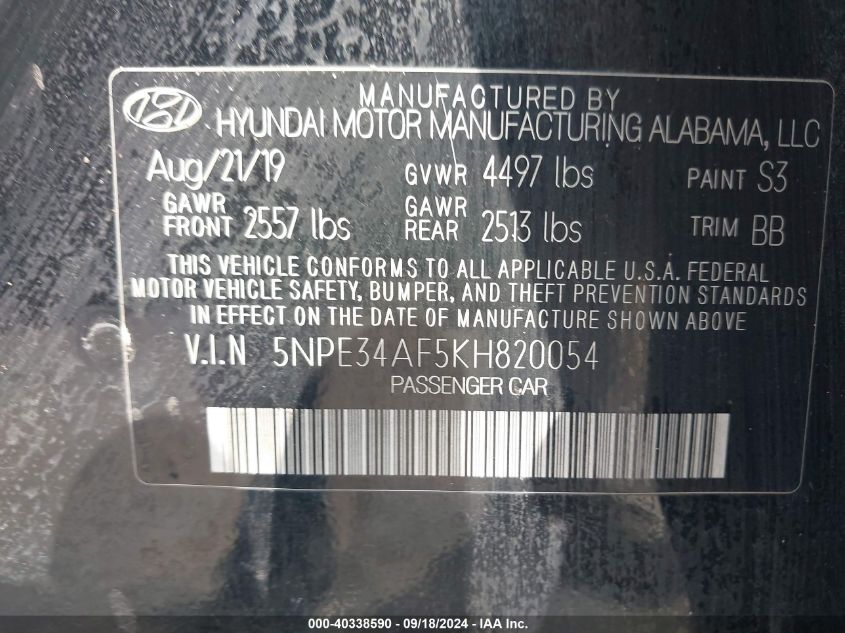 5NPE34AF5KH820054 2019 Hyundai Sonata Sel