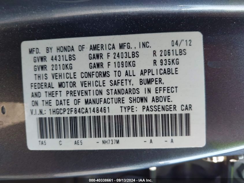 1HGCP2F84CA148461 2012 Honda Accord Exl