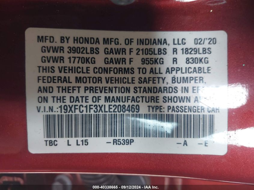 2020 Honda Civic Ex VIN: 19XFC1F3XLE208469 Lot: 40338665