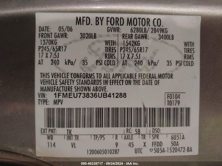 1FMEU73836UB41288 2006 Ford Explorer Xlt