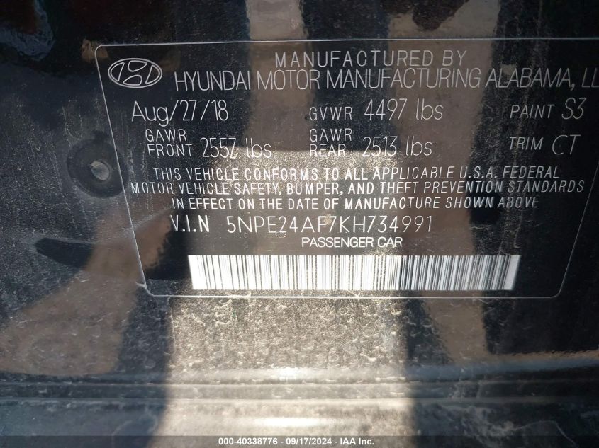 5NPE24AF7KH734991 2019 Hyundai Sonata Se