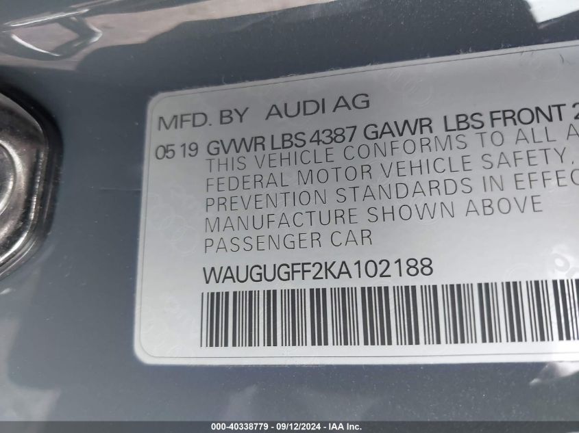 2019 Audi A3 40 Premium VIN: WAUGUGFF2KA102188 Lot: 40338779