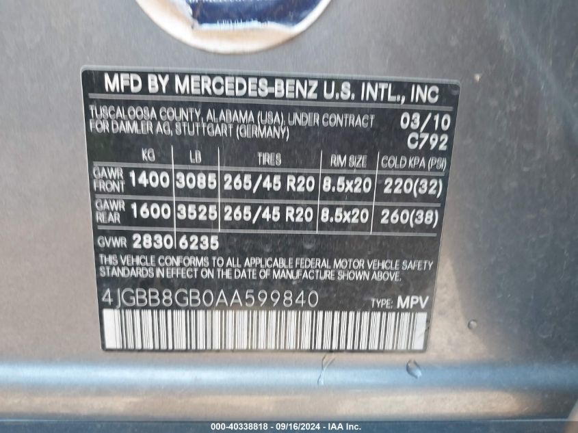 4JGBB8GB0AA599840 2010 Mercedes-Benz Ml 350 4Matic