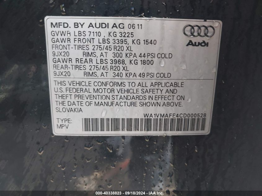 2012 Audi Q7 3.0 Tdi Premium VIN: WA1VMAFE4CD000528 Lot: 40338823