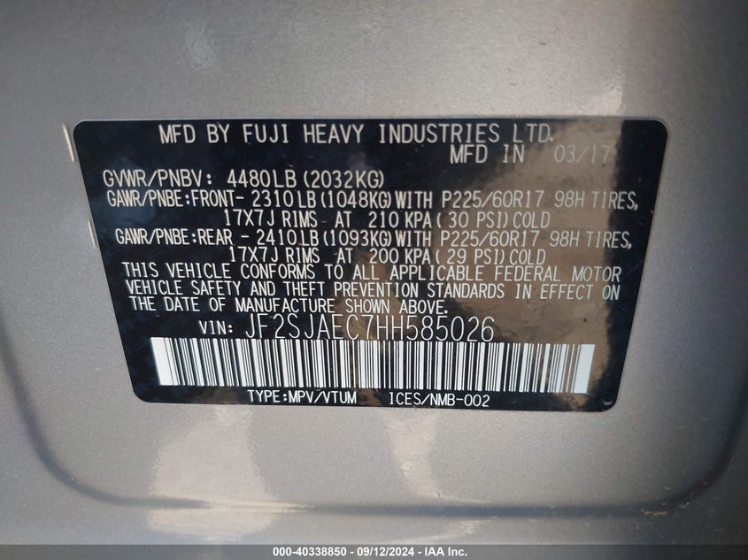 VIN JF2SJAEC7HH585026 2017 SUBARU FORESTER 2.5I PREMIUM