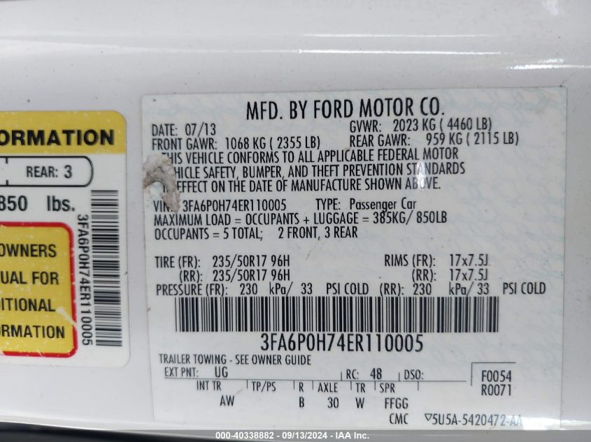 2014 FORD FUSION SE - 3FA6P0H74ER110005