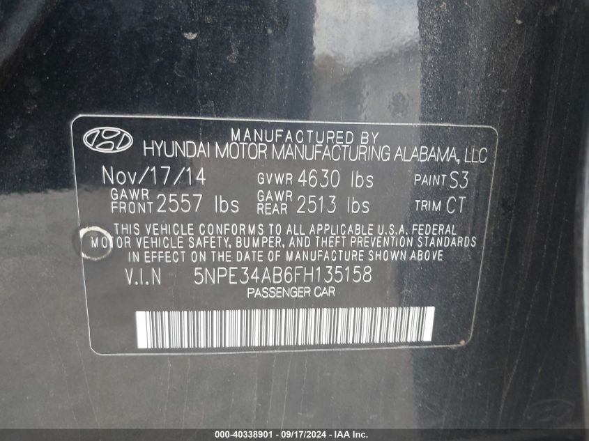 2015 Hyundai Sonata Sport/Limited VIN: 5NPE34AB6FH135158 Lot: 40338901