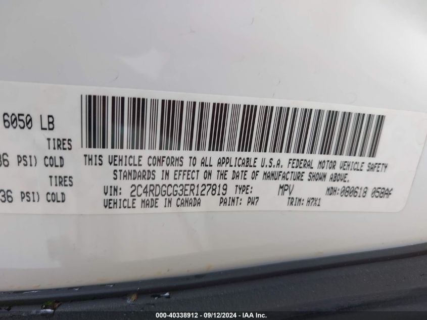 2014 Dodge Grand Caravan Sxt VIN: 2C4RDGCG3ER127819 Lot: 40338912