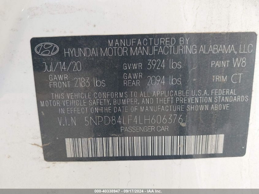 2020 Hyundai Elantra Sel VIN: 5NPD84LF4LH606376 Lot: 40338947