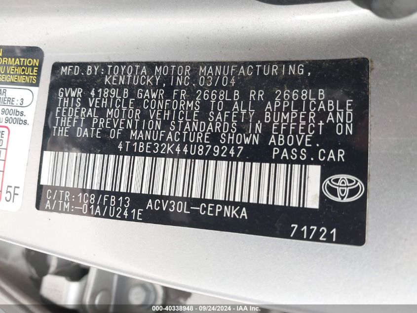 4T1BE32K44U879247 2004 Toyota Camry Le