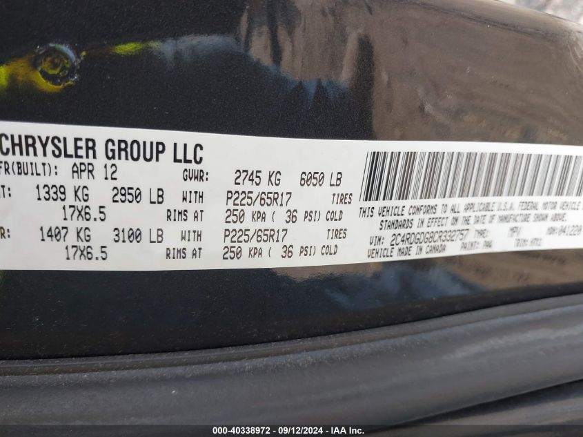 2012 Dodge Grand Caravan Crew VIN: 2C4RDGDG8CR332757 Lot: 40338972