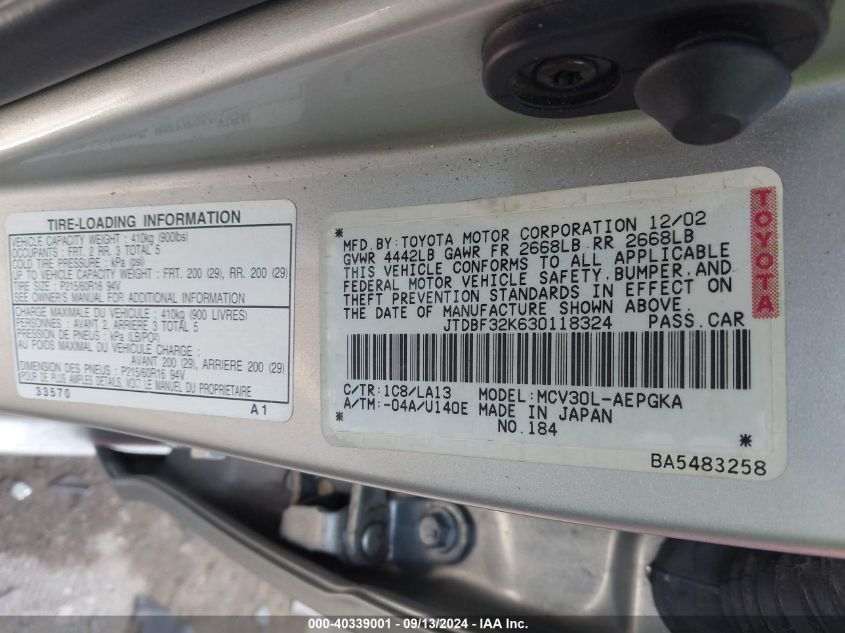 JTDBF32K630118324 2003 Toyota Camry Le/Xle