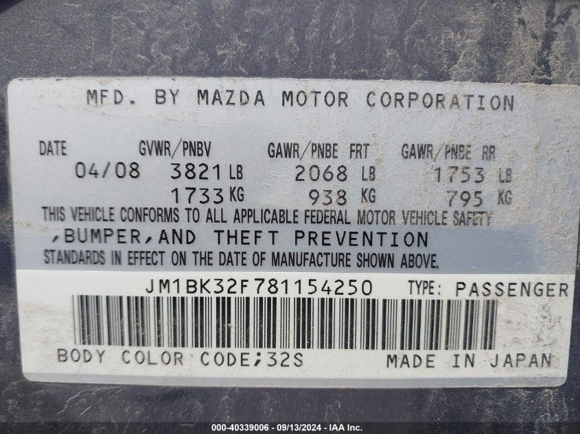 JM1BK32F781154250 2008 Mazda Mazda3 I Touring Value