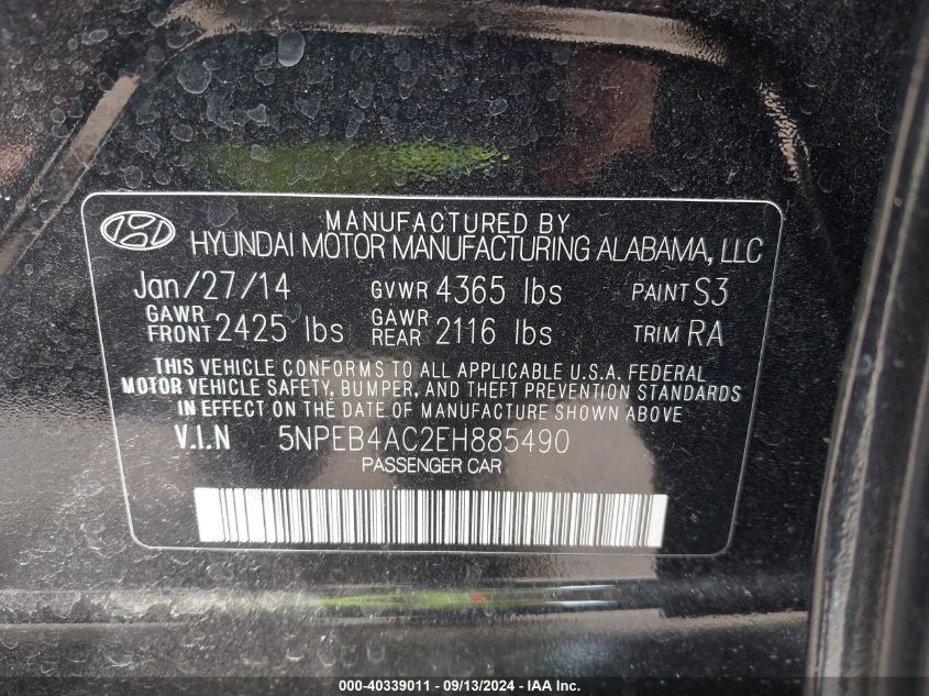 2014 Hyundai Sonata Gls VIN: 5NPEB4AC2EH885490 Lot: 40339011