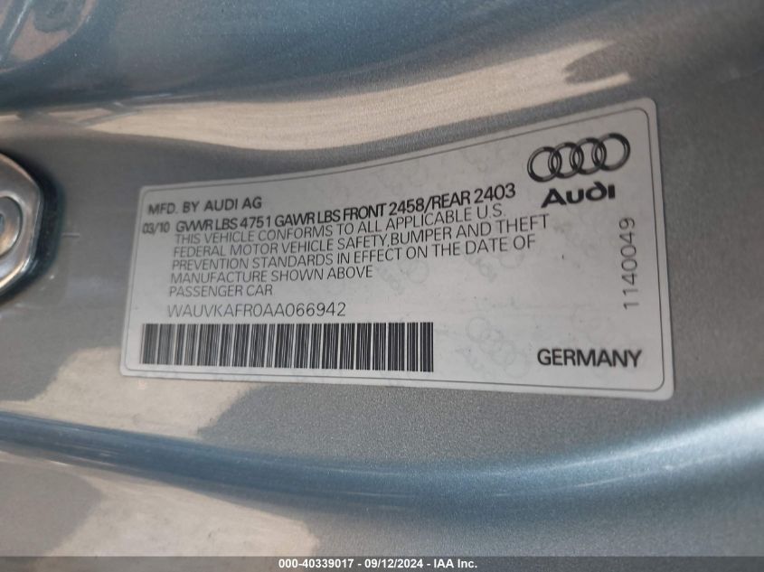 2010 Audi A5 3.2 Premium Plus VIN: WAUVKAFR0AA066942 Lot: 40339017