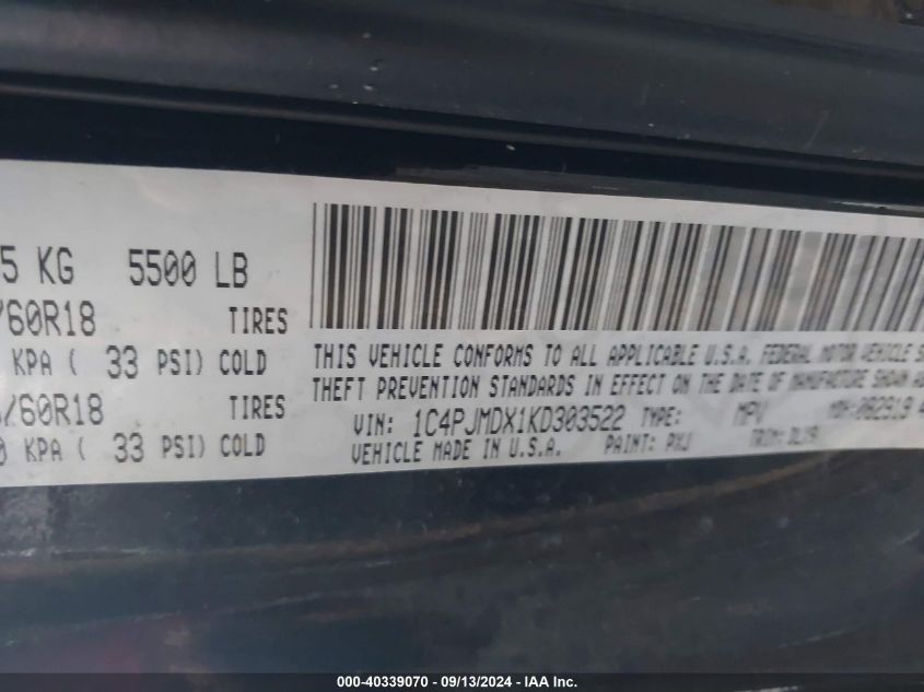 2019 Jeep Cherokee Limited 4X4 VIN: 1C4PJMDX1KD303522 Lot: 40339070