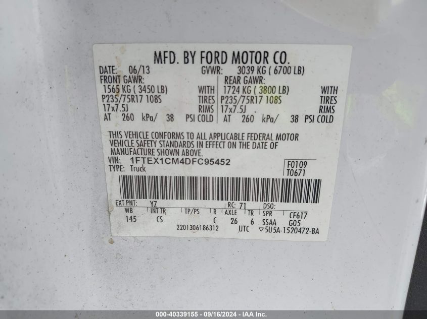 2013 Ford F-150 Xl VIN: 1FTEX1CM4DFC95452 Lot: 40339155