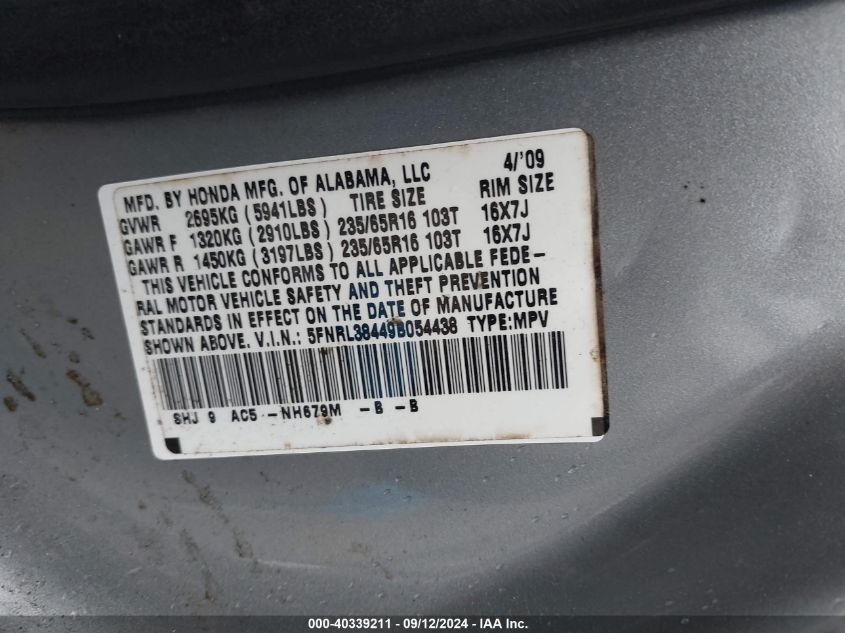 2009 Honda Odyssey Ex VIN: 5FNRL38449B054438 Lot: 40339211