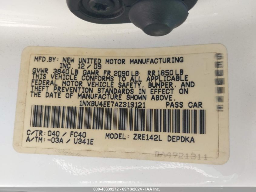 2010 Toyota Corolla Le VIN: 1NXBU4EE7AZ319121 Lot: 40339272