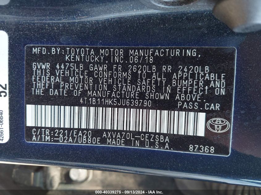 4T1B11HK5JU639790 2018 Toyota Camry L/Le/Xle/Se/Xse