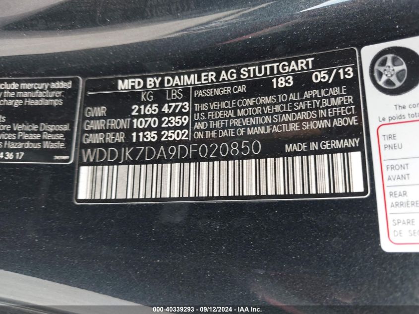 2013 Mercedes-Benz Sl 550 VIN: WDDJK7DA9DF020850 Lot: 40339293