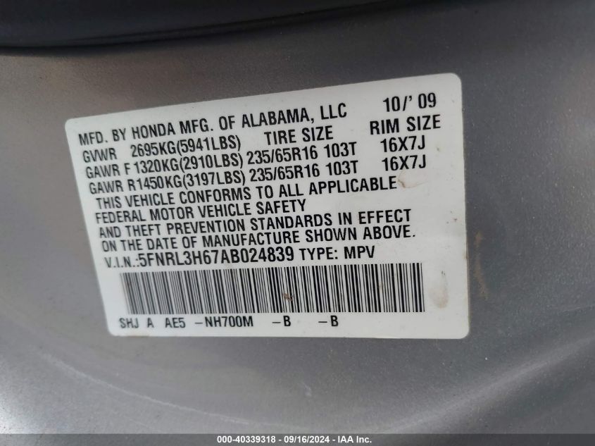 2010 Honda Odyssey Ex-L VIN: 5FNRL3H67AB024839 Lot: 40339318