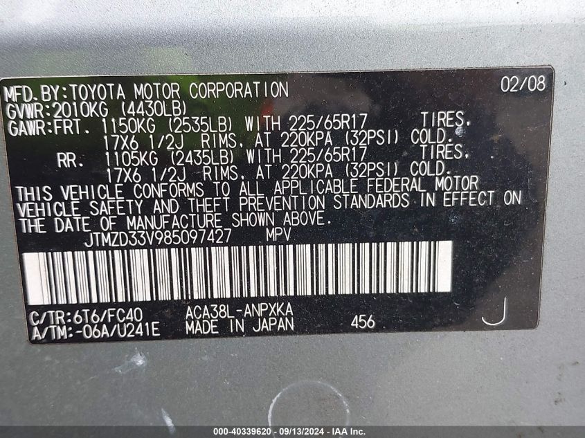 2008 Toyota Rav4 VIN: JTMZD33V985097427 Lot: 40339620