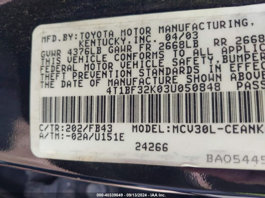 4T1BF32K03U050848 2003 Toyota Camry Le