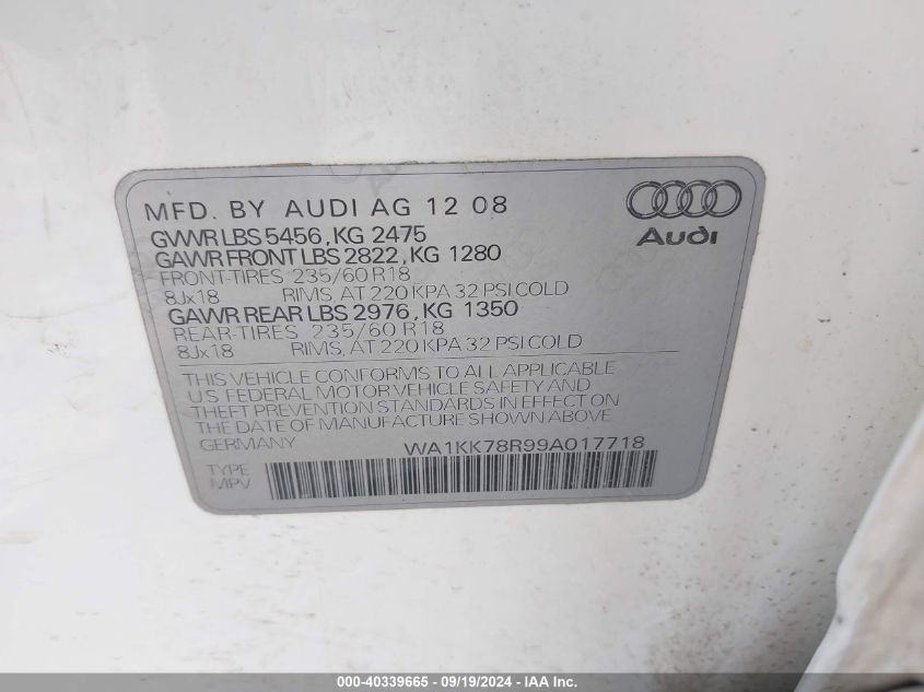 2009 Audi Q5 3.2 Premium VIN: WA1KK78R99A017718 Lot: 40339665