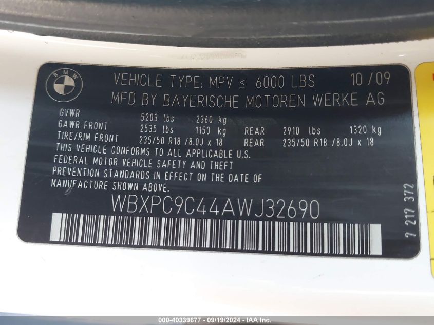 2010 BMW X3 xDrive30I VIN: WBXPC9C44AWJ32690 Lot: 40339677