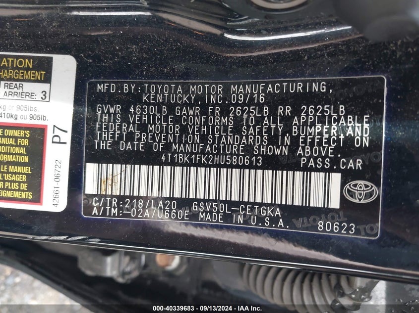 2017 TOYOTA CAMRY VIN: 4T1BK1FK2HU580613