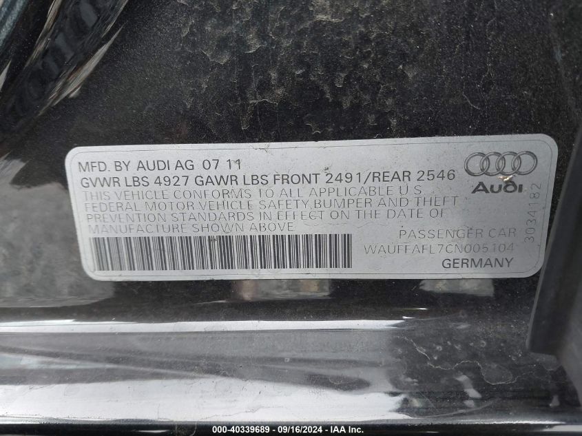 2012 Audi A4 Premium Plus VIN: WAUFFAFL7CN005104 Lot: 40339689