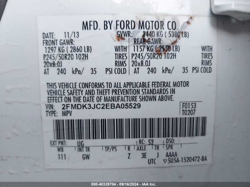 2014 Ford Edge Sel VIN: 2FMDK3JC2EBA05529 Lot: 40339704