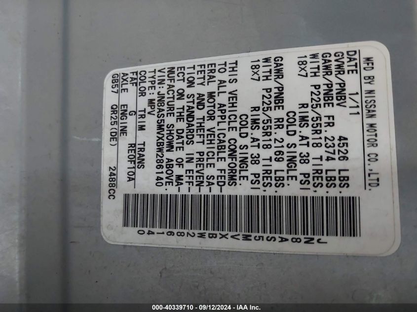 2011 Nissan Rogue Sv VIN: JN8AS5MVXBW286140 Lot: 40339710