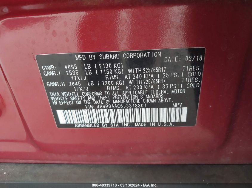 VIN 4S4BSAAC6J3318301 2018 SUBARU OUTBACK 2.5I
