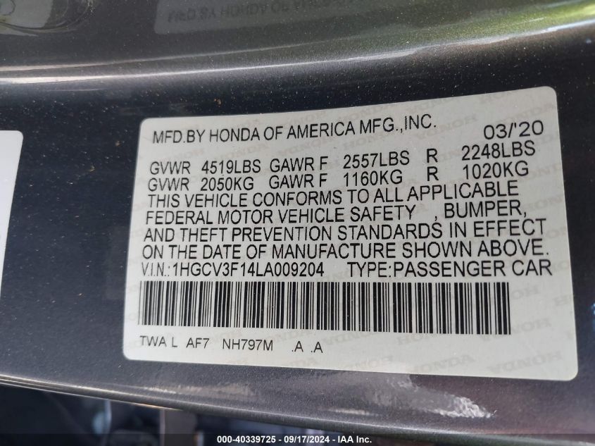 1HGCV3F14LA009204 2020 Honda Accord Hybrid