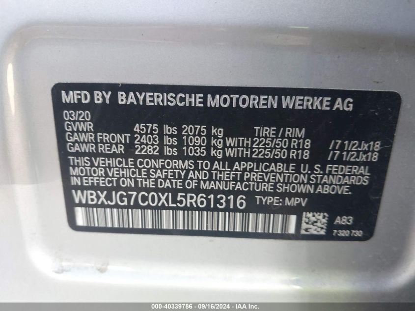 WBXJG7C0XL5R61316 2020 BMW X1 Sdrive28I