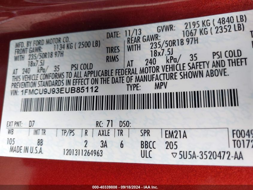 1FMCU9J93EUB85112 2014 Ford Escape Titanium