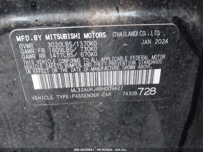 2024 Mitsubishi Mirage Es/Le VIN: ML32AUHJ8RH009427 Lot: 40339861