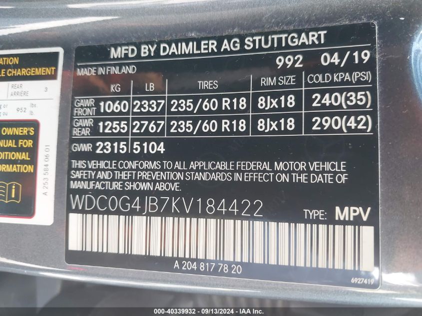 WDC0G4JB7KV184422 2019 Mercedes-Benz Glc 300