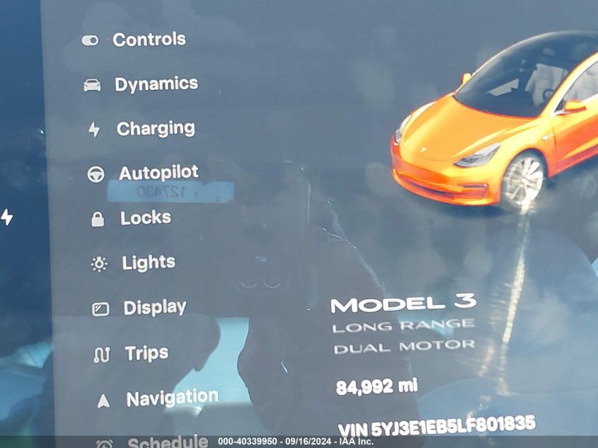 2020 Tesla Model 3 Long Range Dual Motor All-Wheel Drive VIN: 5YJ3E1EB5LF801835 Lot: 40339950